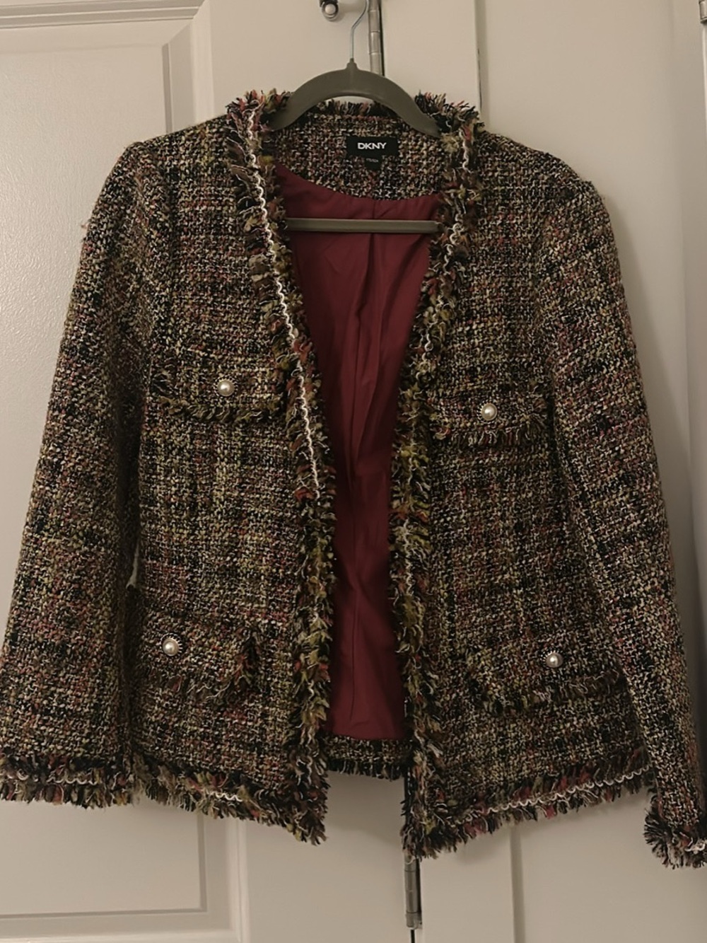 DKNY Multicolor Tweed Fringe Blazer with Pearl Buttons